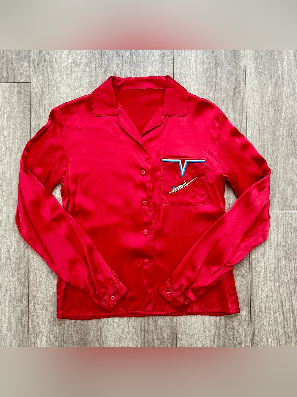 Rare Reformation Sample Vintage Style Embroidered Red Silk Satin Blouse